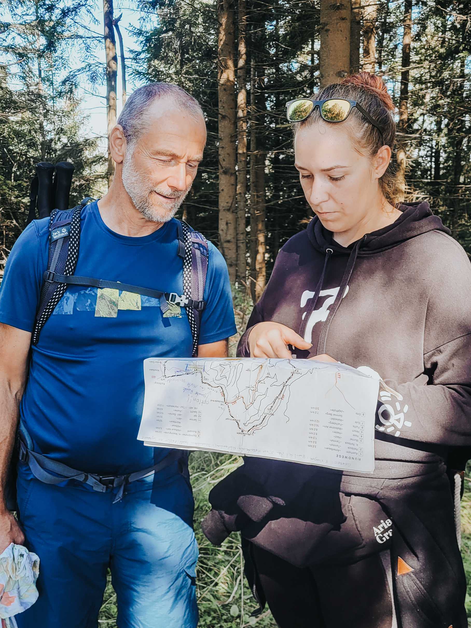 Zwei Personen im Wald. Eine davon liest gerade eine Landkarte.